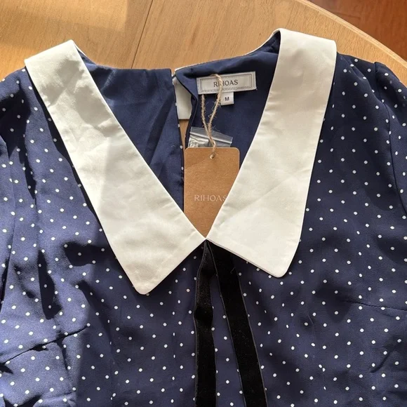 RIHOAS Navy Polka Dot Dress with White Collar - Picture 5 of 7